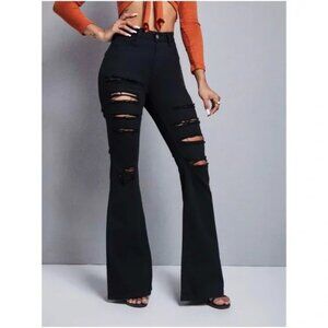 Black Distressed Retro Wide Bell Bottom Denim jeans